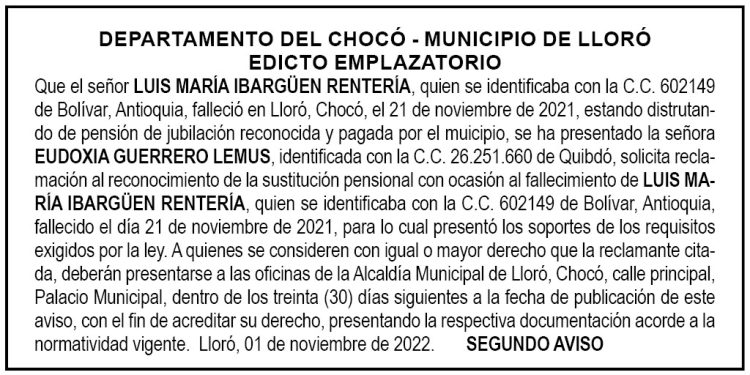 Edicto 2do. aviso Luis María Ibargüen Rentería