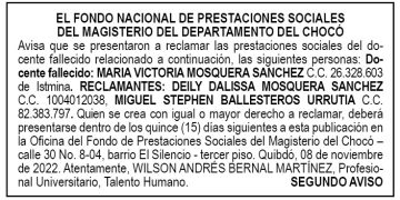 Edicto 2do. aviso María Victoria Mosquera Sánchez