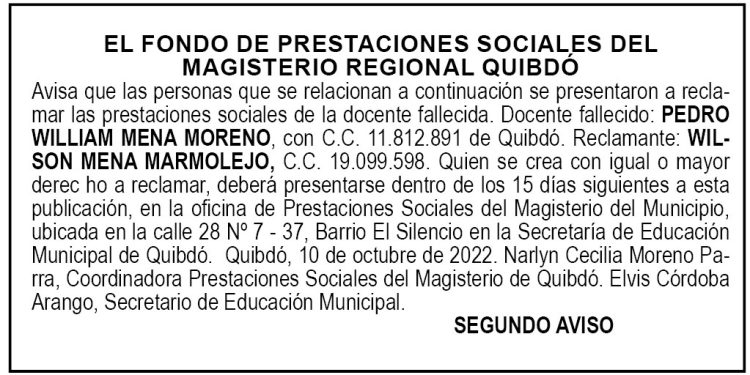 Edicto 2do. aviso Pedro Willian Mena Moreno