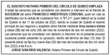 Edicto Francisco Hinestroza Córdoba