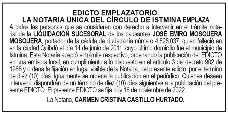 Edicto José Emiro Mosquera Mosquera