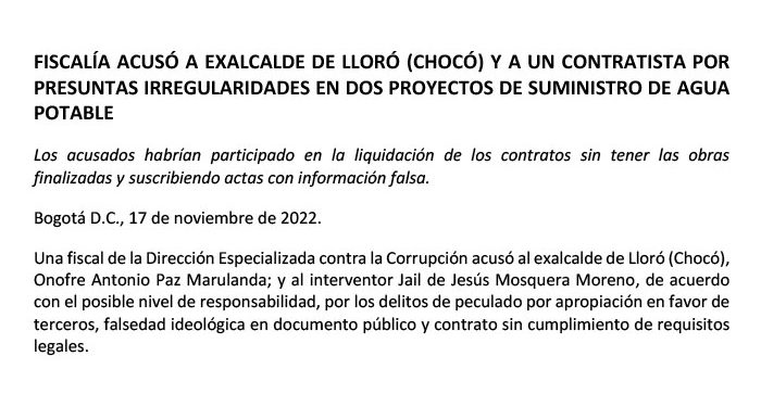 Acusan a exalcalde de Lloró por presuntas irregularidades en dos proyectos de agua potable