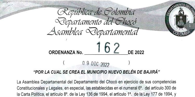 Ordenanza que crea el municipio Nuevo Belén de Bajirá