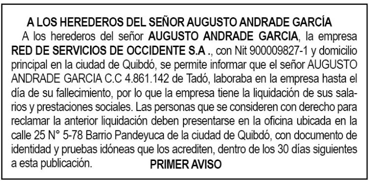 Edicto 1er. aviso Augusto Andrade García