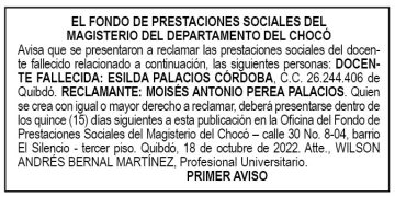 Edicto 1er. aviso Esilda Palacios Córdoba