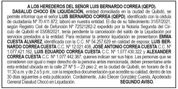 Edicto 2do. aviso Luis Bernardo Correa