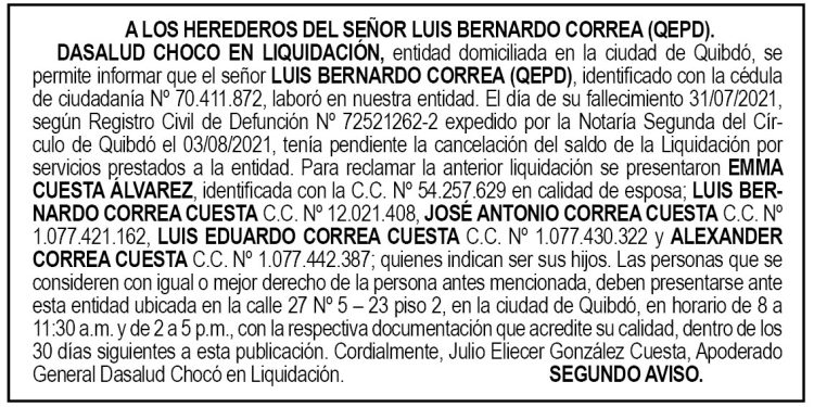 Edicto 2do. aviso Luis Bernardo Correa