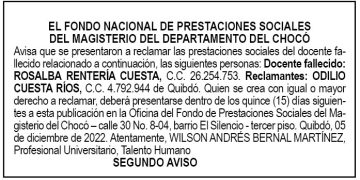 Edicto 2do. aviso Rosalba Rentería Cuesta