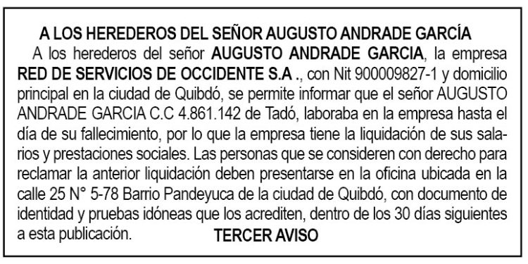Edicto 3er. aviso Augusto Andrade García