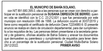 Edicto 1er. aviso Susana Obregón de Berrío
