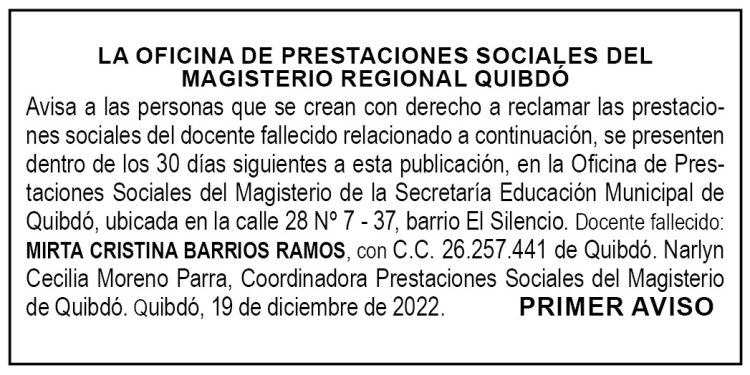 Edicto 1er. aviso Mirta Cristina Barrios Ramos