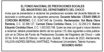 Edicto 2do. aviso César Emilio Córdoba Moreno