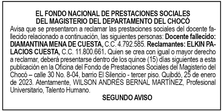 Edicto 2do. aviso. Diamantina Mena de Cuesta.