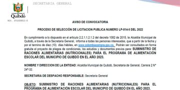 $ 12.478 millones para alimentación escolar en Quibdó