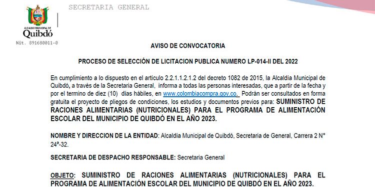 $ 12.478 millones para alimentación escolar en Quibdó