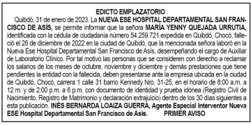 Edicto 1er. aviso María Yenny Quejada Urrutia