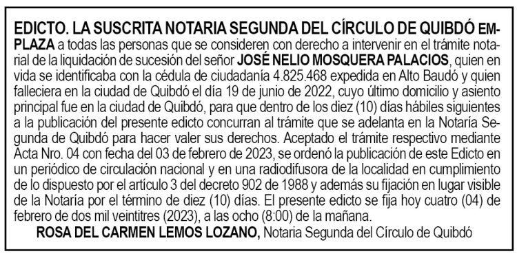 Edicto José Nelio Mosquera Palacios