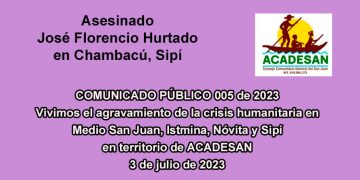 Asesinado José Florencio Hurtado en Chambacú, Sipí