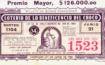 ★Creada a principios de la década de 1940, la Lotería del Chocó llegó a ser tan productiva que con los recursos que proveyó se construyeron edificios públicos que renovaron la estructura urbana de Quibdó, y se atendieron necesidades de la población, que de otra manera jamás habrían sido atendidas. Fue liquidada en el año 2007, por su impagable deuda con el sistema de salud. FOTO: Mercado Libre.