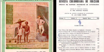Portada e Índice de la Revista Colombiana de Folclor (1960), donde se publicó el artículo de la Excursión folclórica al Chocó, llevada a cabo en 1959, y también aparecieron dos importantes artículos de Rogerio Velásquez, uno de ellos su completa etnografía de la Fiesta Patronal de San Francisco de Asís, en Quibdó. La portada utiliza como elemento gráfico un dibujo del siglo XIX, de Manuel María Paz, de la Comisión Corográfica. FOTOS: Revista Colombiana de Folclor.
