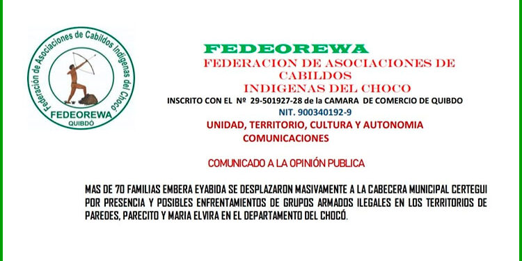 Cértegui: desplazamiento de 286 indígenas