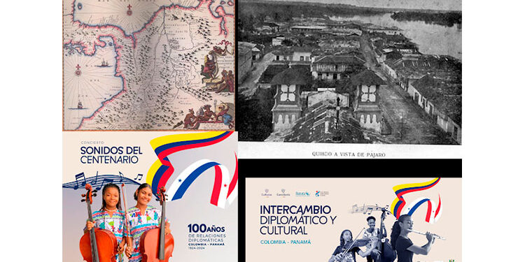 1-Mapa de Juan Ogilby, 1671. Foto: IGAC. 2-Quibdó 1925, Foto: Misioneros Claretianos. 3 y 4-Promoción concierto conmemorativo. Fotos: Fundación Nacional Batuta de Colombia.