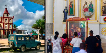 Fachada y atrio del Santuario (izq.), altar del templo e imagen venerada del Santo Eccehomo de Raspadura (Chocó). FOTOS: Diego Roselli, marzo de 2024. https://twitter.com/darosselli/status/1763896423542632937