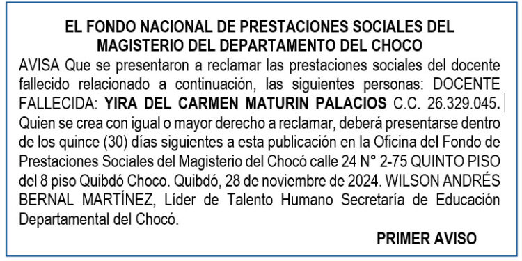 Edicto 1er. aviso Yira del Carmen Maturín Palacios