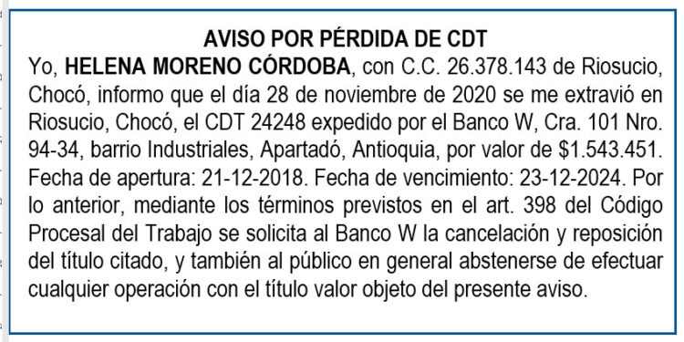 Pérdida CDT. Helena Córdoba Moreno.