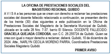 Edicto 1er. aviso Graciela Quejada Córdoba