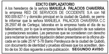 Edicto 2do. aviso Manuela Palacios Chaverra