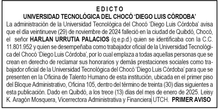 Edicto 1er. aviso Harlan Urrutia Palacios