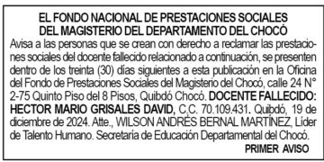 Edicto 1er. aviso Héctor Mario Grisales David