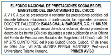 Edicto 1er. aviso Isaías Chalá Ibarguen