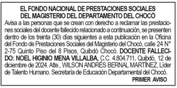 Edicto 1er. aviso Noel Higinio Mena Villalba