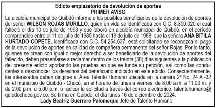 Edicto 1er. aviso Wilson Rojas Murillo