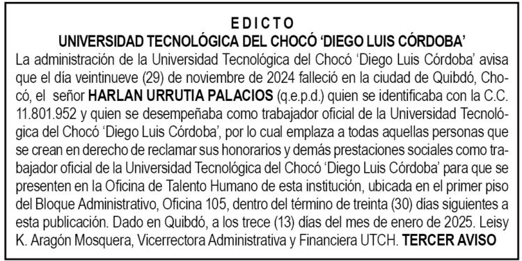 Edicto 3er. aviso Harlan Urrutia Palacios