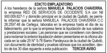 Edicto 3er. aviso Manuela Palacios Chaverra