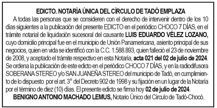 Edicto Luis Eduardo Vélez Lozano