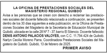 Edicto 1er. aviso Denis Antonio Palacios Valoyes