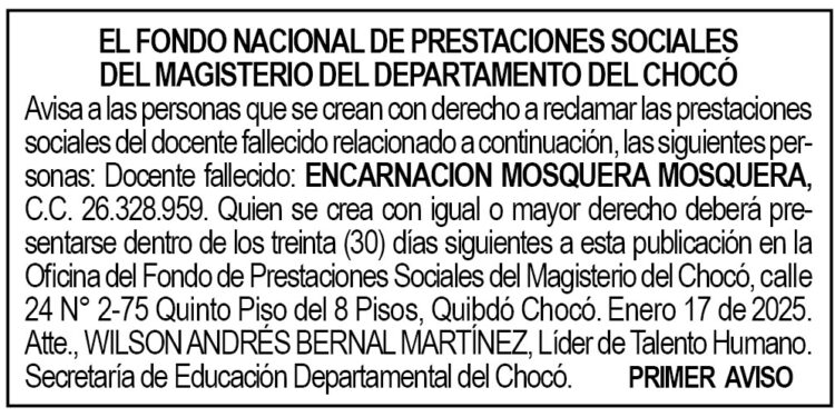 Edicto 1er. aviso Encarnación Mosquera Mosquera