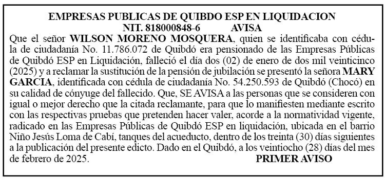Edicto 1er. aviso Wilson Moreno Mosquera
