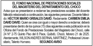 Edicto 2do. aviso Héctor Mario Grisales David