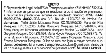 Edicto 2do. aviso José Ferni Mosquera Mosquera