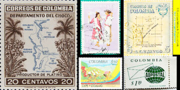 Algunas estampillas de los antiguos Correos de Colombia. La estampilla alusiva al Chocó fue producida en 1956, en una cantidad de dos millones de unidades, para el servicio postal ordinario, y formó parte de una colección dedicada a los departamentos de Colombia. Imágenes de la colección filatélica del Banco de la República. Collage: El Guarengue.