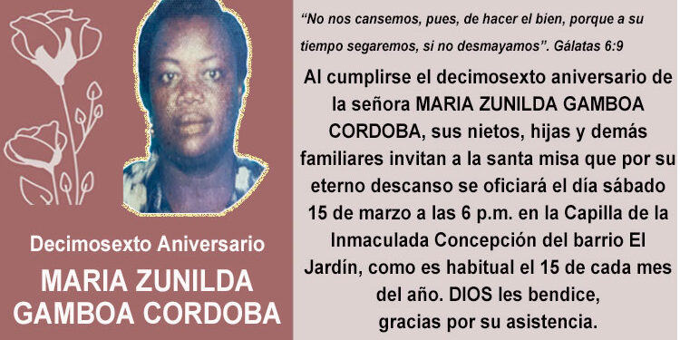 Aniversario 16. María Zunilda Gamboa Córdoba.