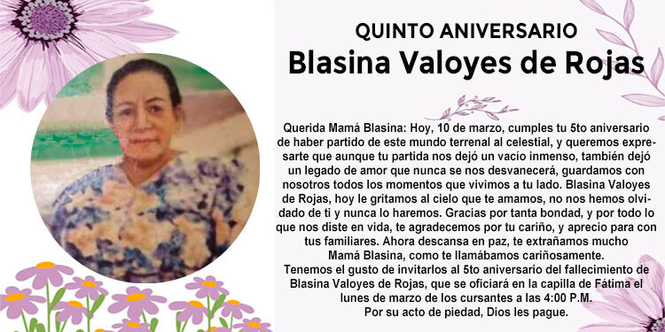 Quinto aniversario Blasina Valoyes de Rojas