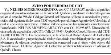 Pérdida de CDT. Nelbis Moreno Arroyo.