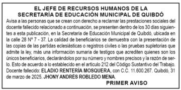 Edicto 1er. aviso Eladio Rentería Mosquera