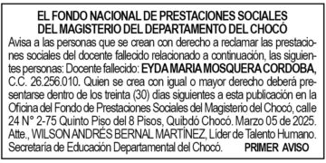 Edicto 1er. aviso Eyda María Mosquera Córdoba